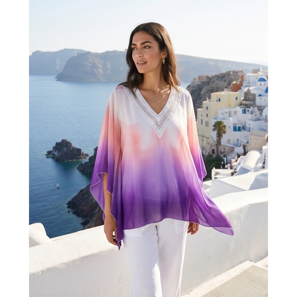 Colleen Lopez S Ombre Crochet V-Neck Kaftan Top Purple Pink Small w/Undershirt